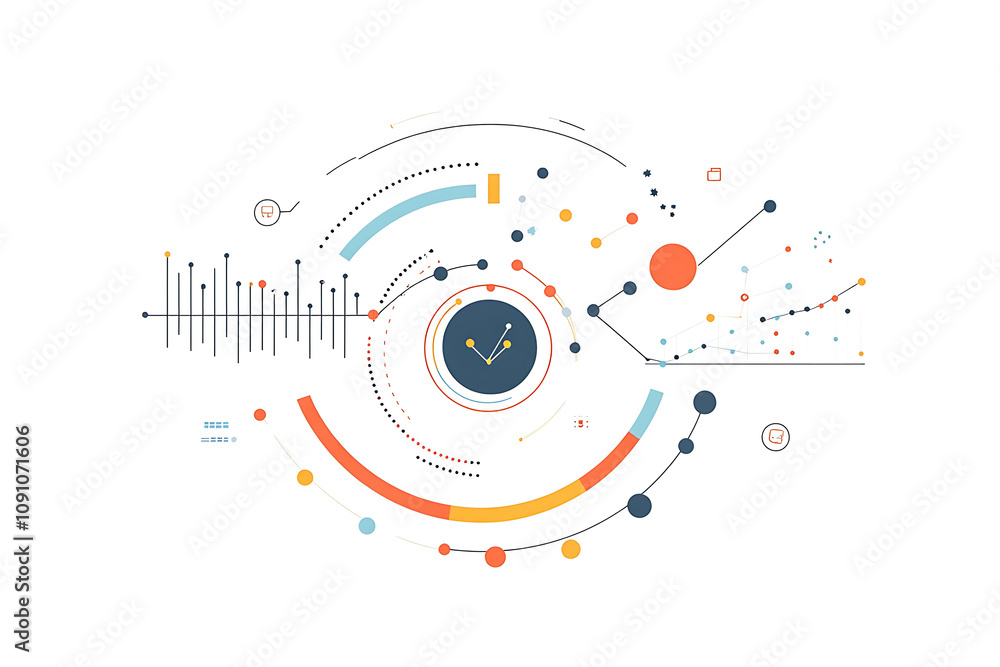 Fototapeta premium Abstract graphic design featuring circular elements and data visualizations.