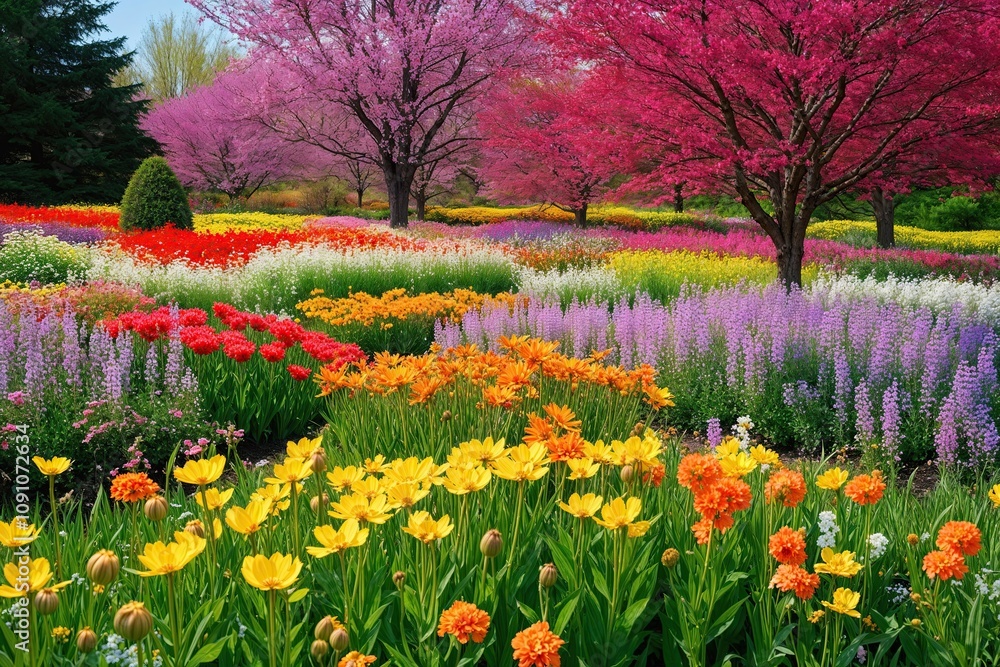 Fototapeta premium Stunning Visualization of a Colorful Flower Meadow in a Lush Spring Garden