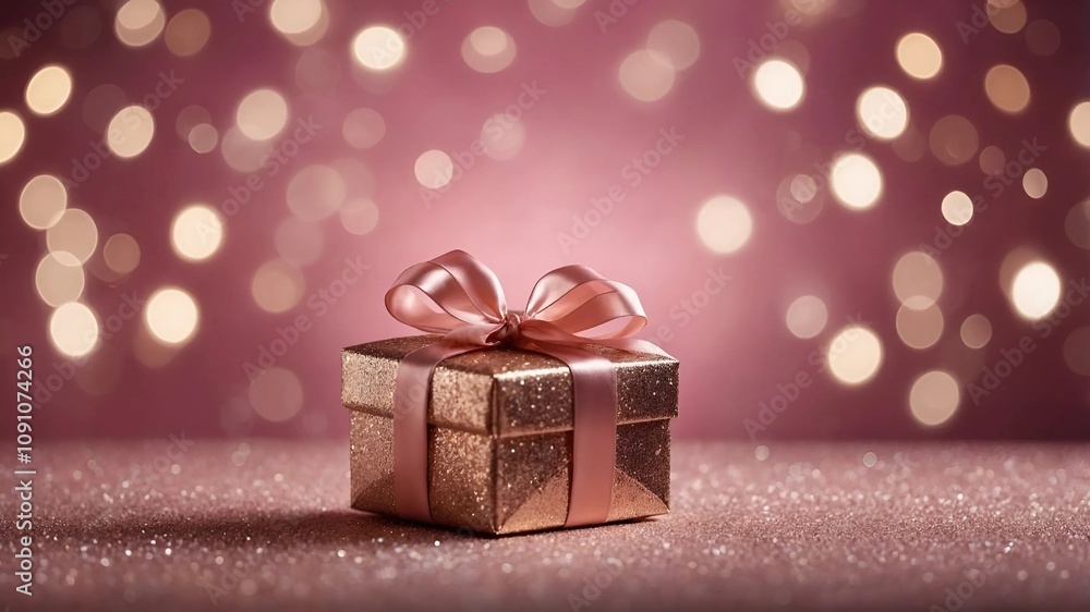 Obraz premium A gold box with a pink ribbon on the table on a pink background with a bokeh effect. The box is wrapped in shiny paper and decorated with a bow with copy space
