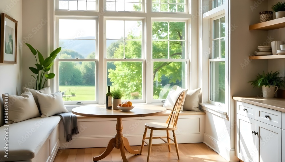A cozy and bright breakfast nook with a round wooden table, built-in bench seating, and large windows overlooking a lush green outdoor view A cozy and bright breakfast nook with a round wooden table, built-in bench seating, and large windows overlooking a lush green outdoor view