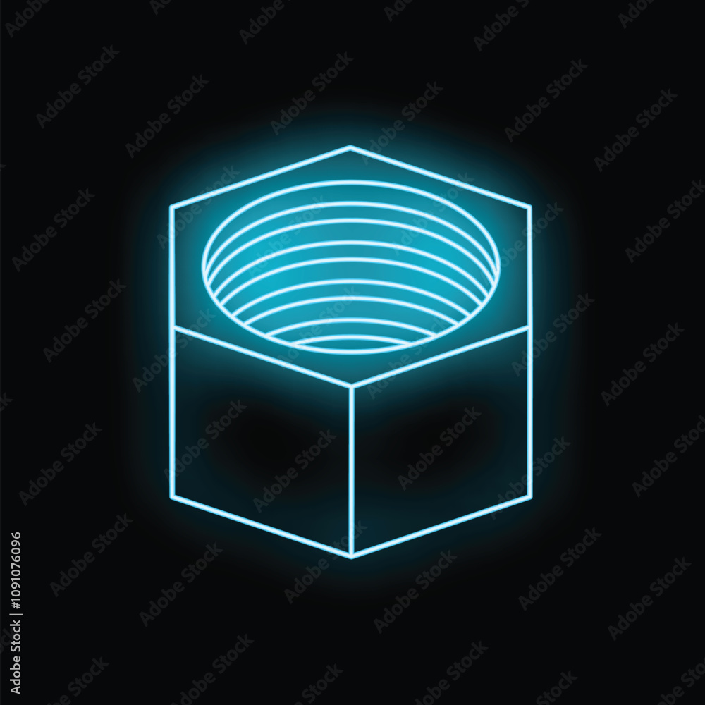 Obraz premium Neon blue glowing outline of a hex nut on a black background