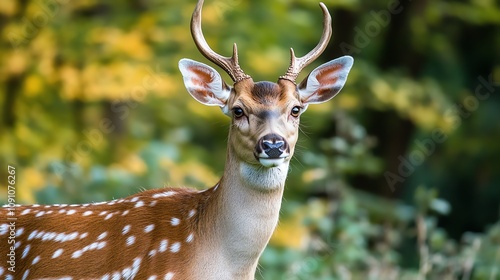 A majestic deer stands gracefully in a forest, showcasing its beautiful antlers and spotted coat amidst nature. photo