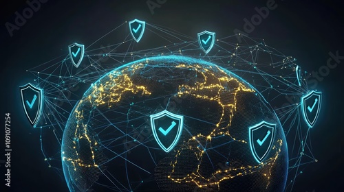 A digital globe with neon security shields hovering around it, each shield connected by light blue lines to major points on the continents, visualizing a secured global network.