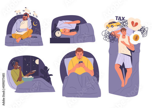 Young man cartoon character suffering from insomnia feeling anxiety, fatigue and frustration set