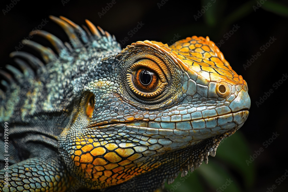 Fototapeta premium Vibrant close-up of a colorful lizard showcasing textured scales and vivid eyes.