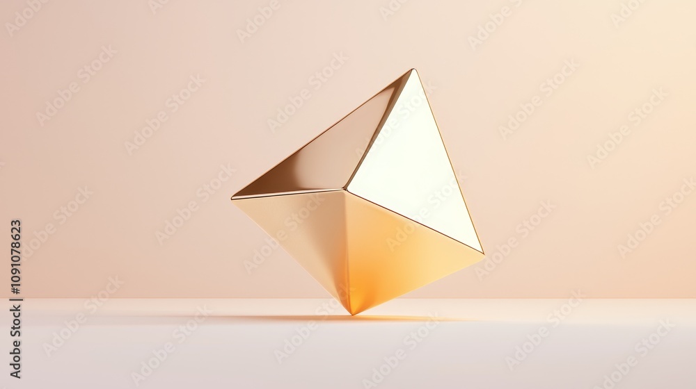 Fototapeta premium Floating golden pyramid modern minimalist setting 3d art soft color palette abstract conceptual design