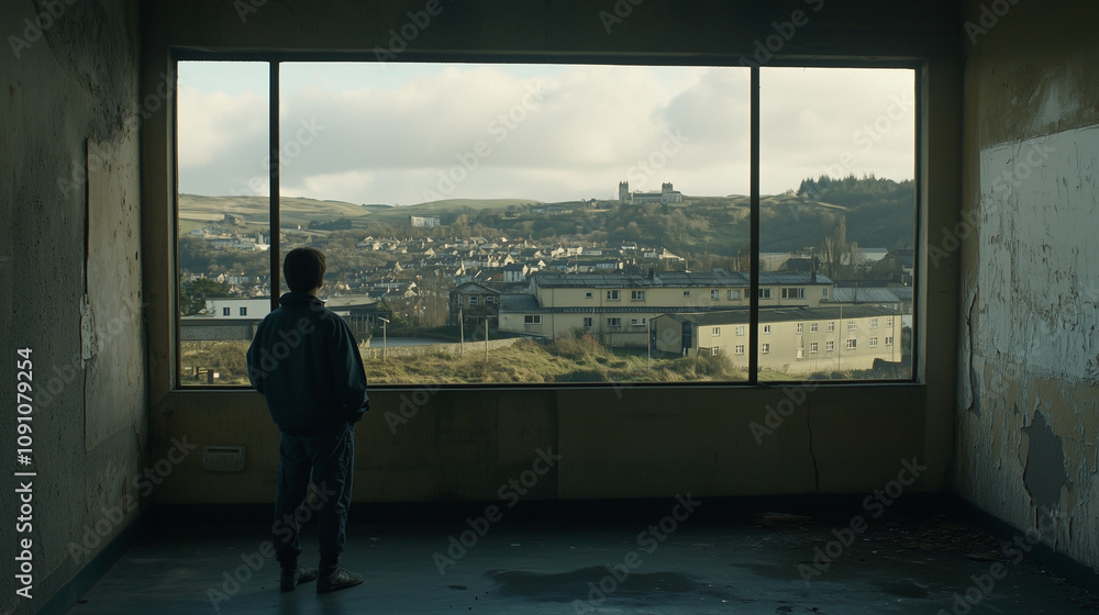 Fototapeta premium Single person gazing thoughtfully through a window, reflecting on solitude and introspection, capturing the essence of personal contemplation and inner peace