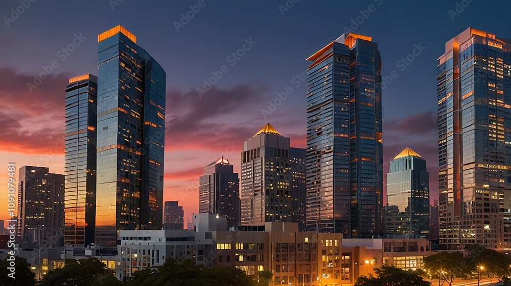 Obraz premium High-rise buildings under a glowing orange sky at dusk, offering a warm and serene urban atmosphere
