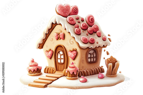 A whimsical gingerbread house decorated with candy and icing, evoking a festive atmosphere.