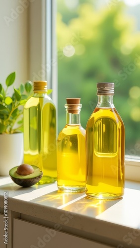 Wallpaper Mural A row of glass bottles of different sizes and shapes, all containing oil Torontodigital.ca