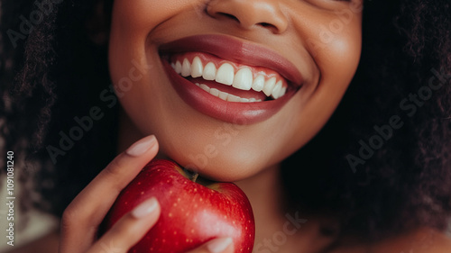 Close-up of a woman's mouth with beautiful teeth smiling and holding an apple.