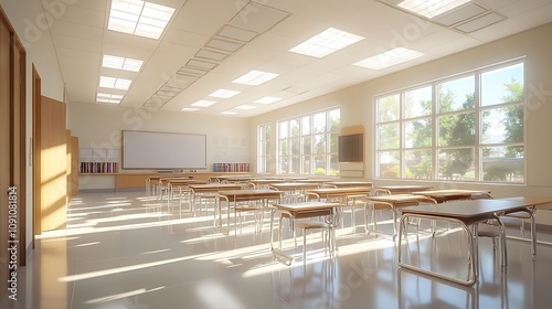 Open classroom design featuring natural lighting calming accents interactive whiteboards ergonomic seating photo