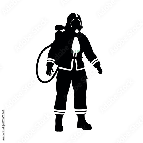 A man in a black suit with a helmet and a hose. He is wearing a black suit and a helmet