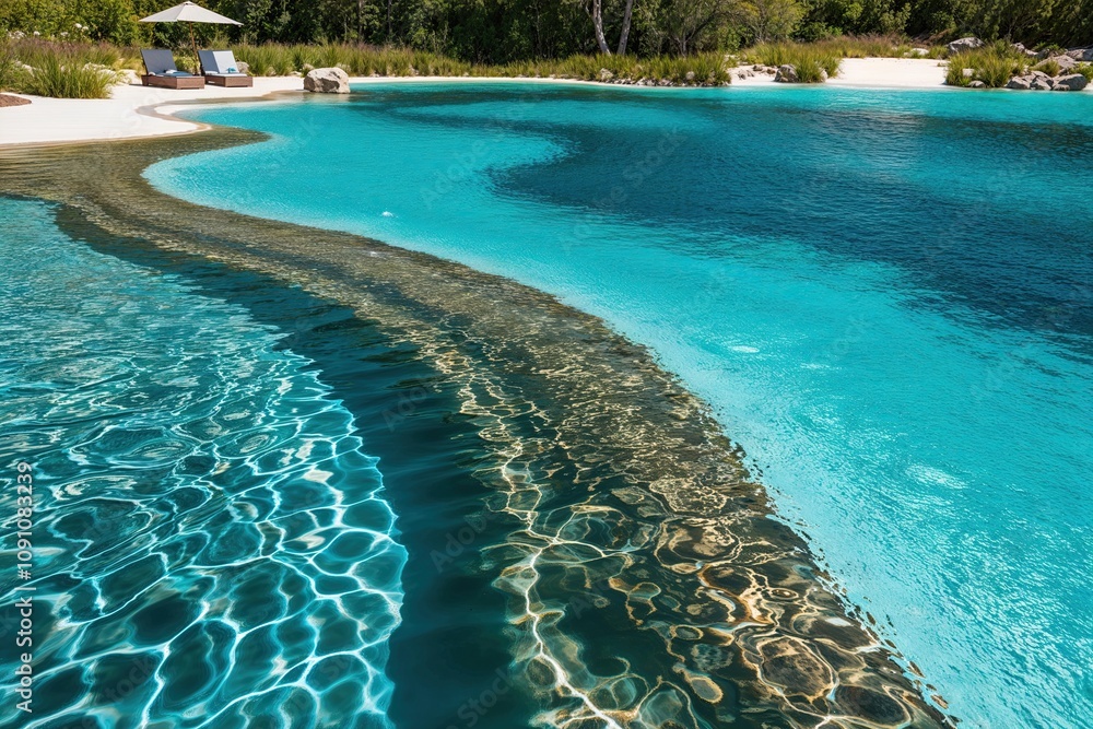 Fototapeta premium Majestic Organic Water Currents and Tranquil Lagoon Ripples with Vibrant Teal Splash Zone and Crystal-Clear Water