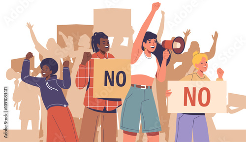 Crowd of young people students cartoon characters striking participating peaceful demonstration