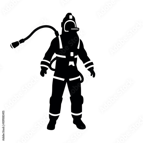 A man in a black suit with a helmet and a hose. He is wearing a black suit and a helmet