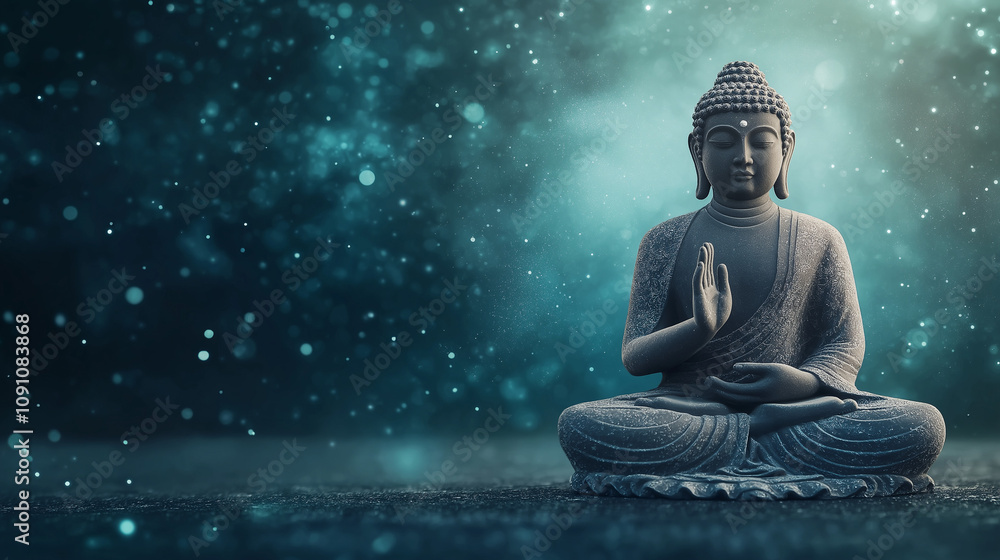 Buddha Statue Tranquility: Serene Buddha statue, meditating in a tranquil setting with soft blue bokeh lights. A perfect symbol of peace, mindfulness, and spiritual enlightenment. Buddha Statue Tranquility: Serene Buddha statue, meditating in a tranquil setting with soft blue bokeh lights. A perfect symbol of peace, mindfulness, and spiritual enlightenment.