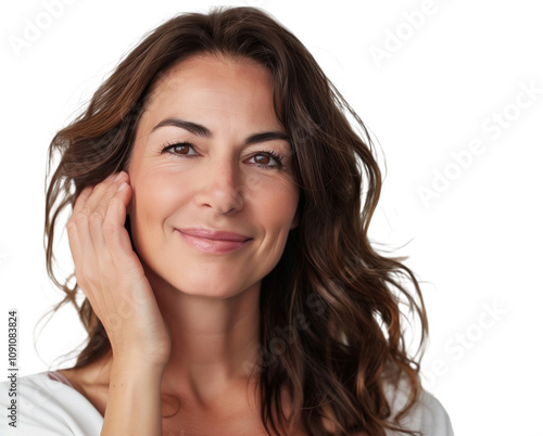 Portrait of a Smiling Mature Brunette on Transparent Background, Woman in Her 40s or 50s, Beauty in Middle Age, Skincare, Nude Make Up, Natural Cosmetics Concept, Cut Out. 