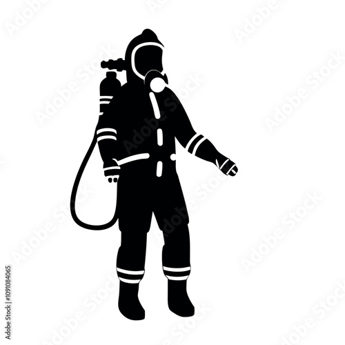 A man in a black suit with a helmet and a hose. He is wearing a black suit and a helmet