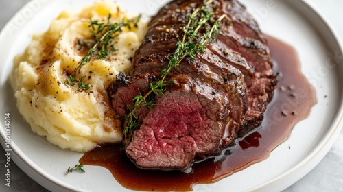 Sliced roast beef with mashed potatoes and gravy on a white plate. photo