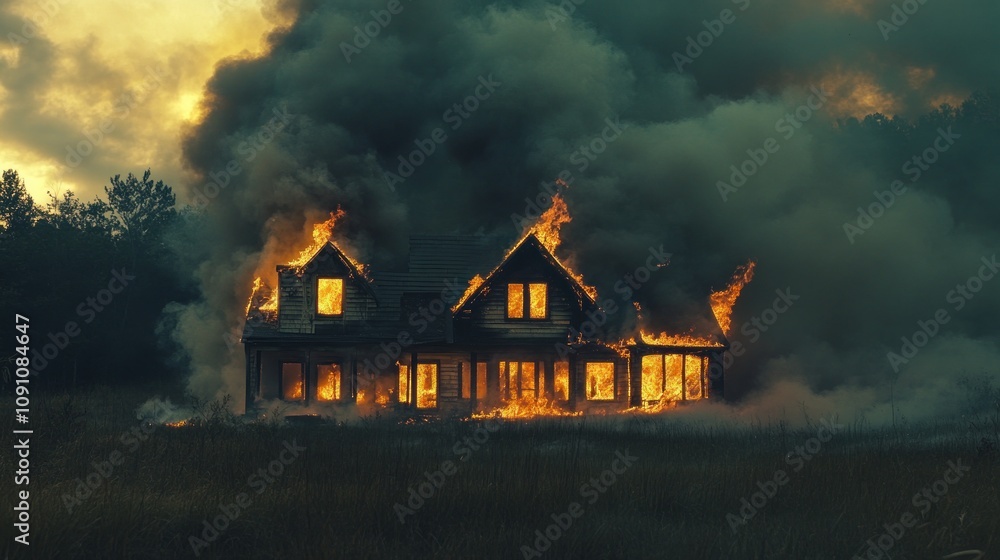 Fototapeta premium A house engulfed in flames, surrounded by smoke and a dramatic sky.