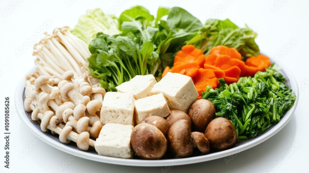 Fresh Assortment of Raw Vegetables and Tofu Arranged on Plate for Healthy Cooking, Featuring Mushrooms, Carrots, Greens, and Leafy Varieties Fresh Assortment of Raw Vegetables and Tofu Arranged on Plate for Healthy Cooking, Featuring Mushrooms, Carrots, Greens, and Leafy Varieties
