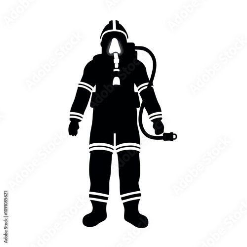 A man in a black suit with a helmet and a hose. He is wearing a black suit and a helmet