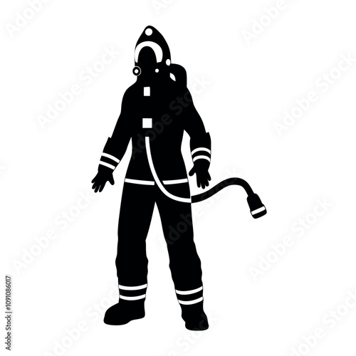 A man in a black suit with a helmet and a hose. He is wearing a black suit and a helmet