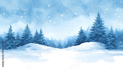 Watercolor and paper cut Christmas background with snowflakes and pine trees
