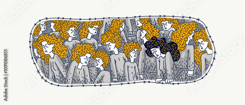Totalitarian society and slaves and one person has a free mind and sees the problem, vector illustration negative culture of totalitarian matrix and nonconformist.