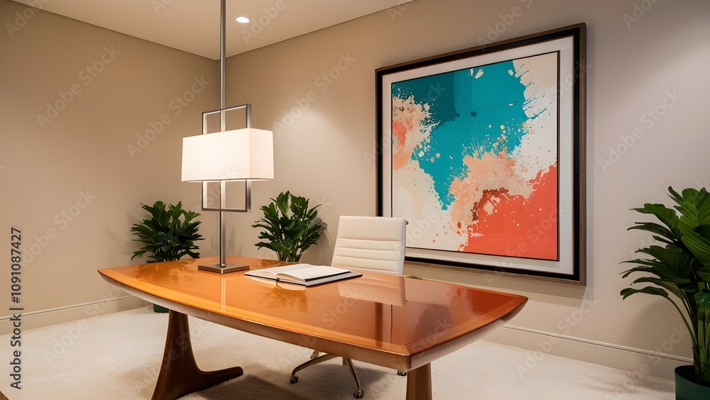 Obraz premium Mixed paints, blank postcards, art tools, warm desk lamp, creative workspace, artistic setup, vibrant tabletop, crafting essentials, painting supplies, art studio lighting.