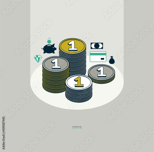 Financial activities concept poster, coin stack with different icons vector illustration, different operations with money theme.