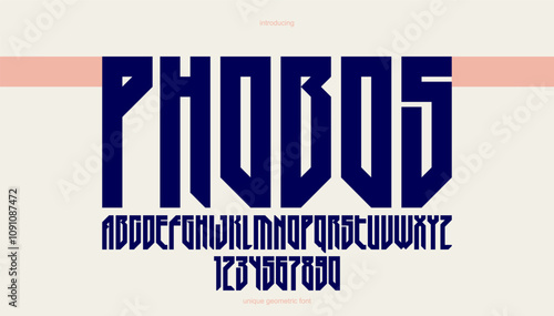 Urban massive tall geometric font for logos and emblems, condensed minimal strong vector typeface, typography with no round elements, only corners and straight lines geometry.