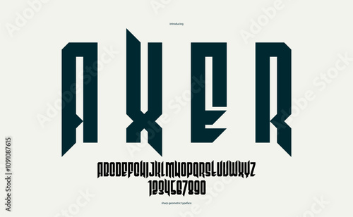 Sharp and bold vector display condensed font for logos, gothic or heavy metal style modern tall typeface, edgy hard rock letters and numbers alphabet for titles or slogans, heavy typography.