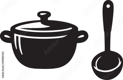 silhouette of cooking pot and ladle vector art illustration
