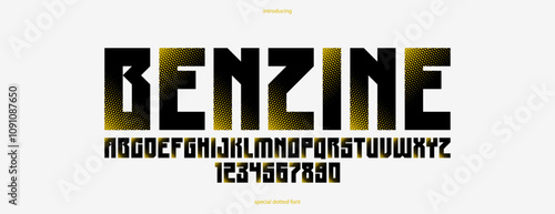 Halftone dotted futuristic cyberpunk font for logos and posters, vector brutal industrial typeface alphabet letters and numbers, urban technic future typography.