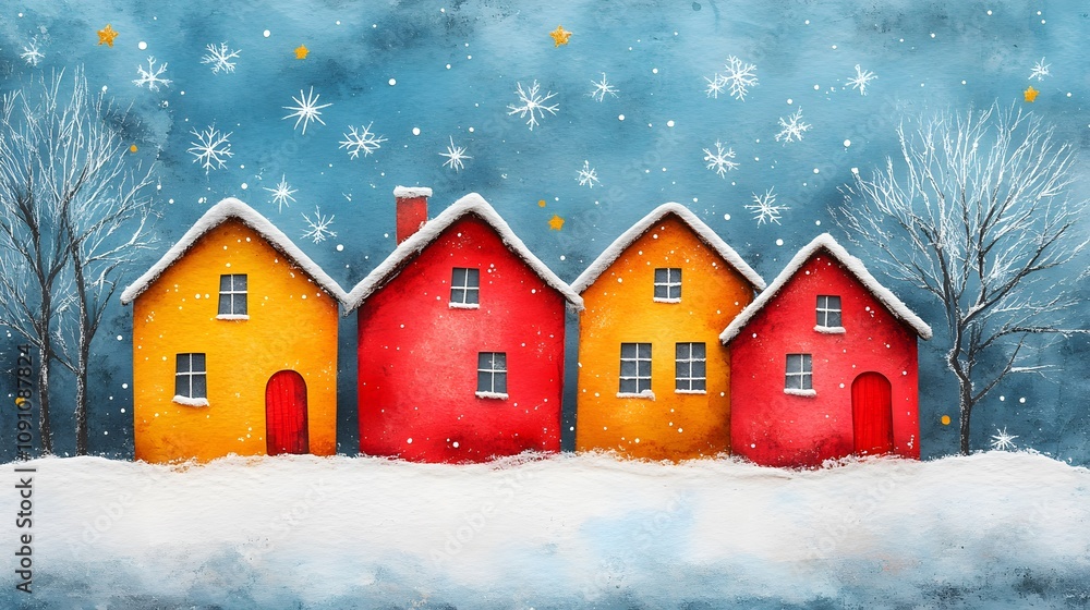 Fototapeta premium Winter paper cut houses with a starry watercolor Christmas background