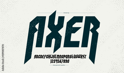 Sharp and bold gothic font for logo creation of for headlines, edgy geometric modern vector italic typeface, heavy metal and hard rock style alphabet with numbers.