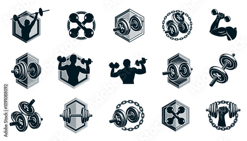 Fitness sport emblems logos or posters with barbells dumbbells kettlebells and muscle man silhouettes vector set, athletic workout active lifestyle theme, sport club or competition awards.