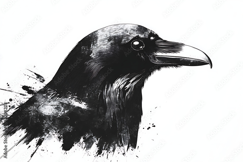 Naklejka premium A stylized black and white illustration of a raven, featuring artistic splashes and details.