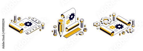 Mechanical engineering project in embodiment implementation concept set, engine draft plan drawing and work progress, paper sheet with gears, tools and pencil 3D isometric vector illustration.