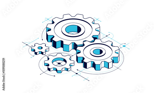 Invention renovation and development concept, gears and cogs with cad engineering drawing isometric 3D vector illustration, technology theme, machinery and engine creation.