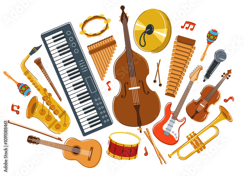 Music orchestra diverse instruments vector flat illustration isolated on white background, live sound concert or festival, musical band or orchestra playing and singing songs.