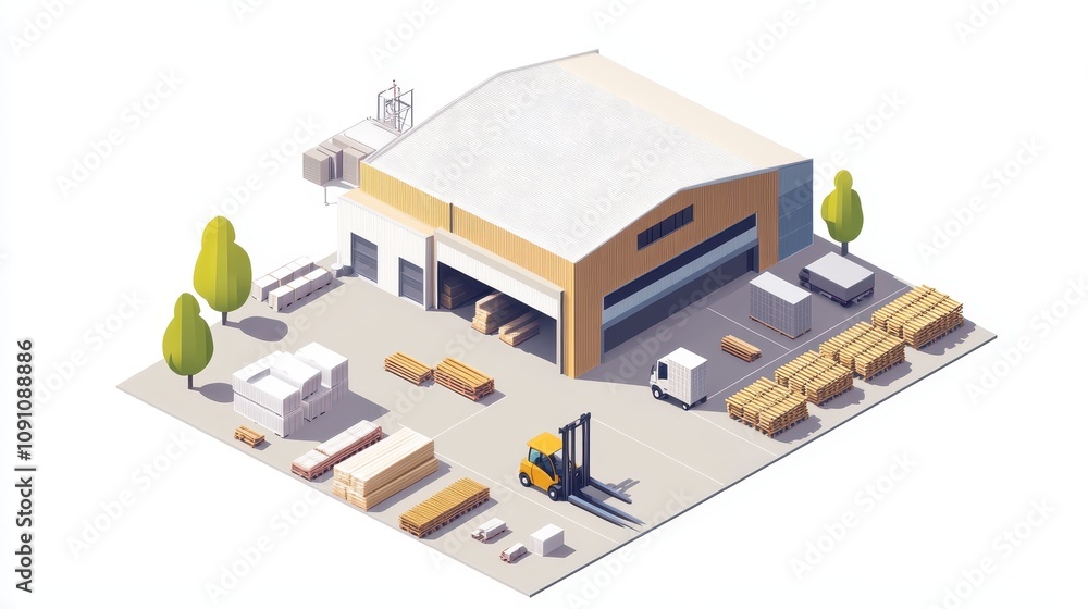 Obraz premium A warehouse with wooden materials and a forklift, showcasing industrial operations.