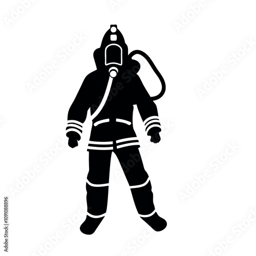 A man in a black suit with a helmet and a hose. He is wearing a black suit and a helmet