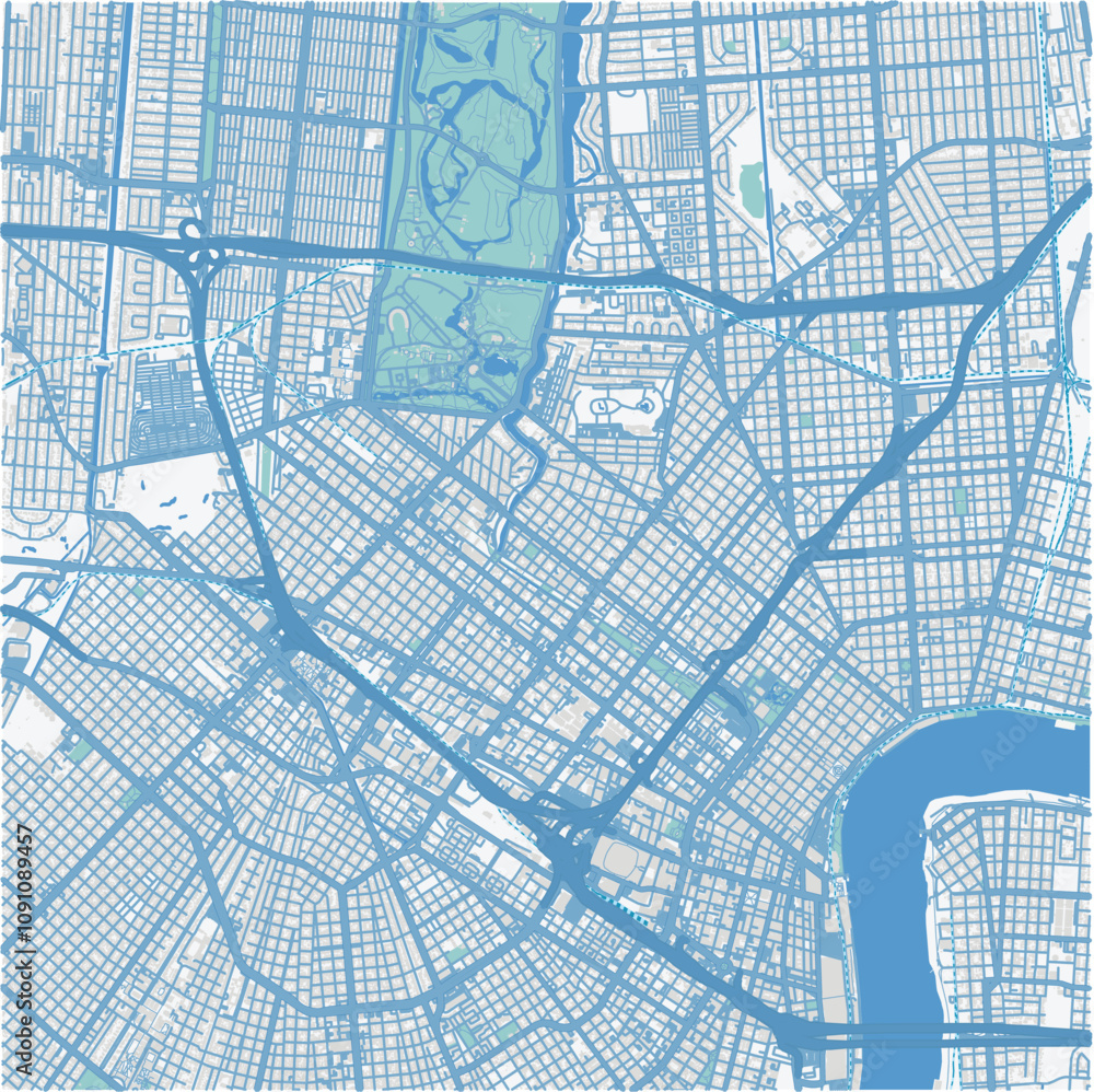 Obraz premium Map of New Orleans Center in Louisiana in a professional blue style. Contains layered vector with roads water, parks, etc.