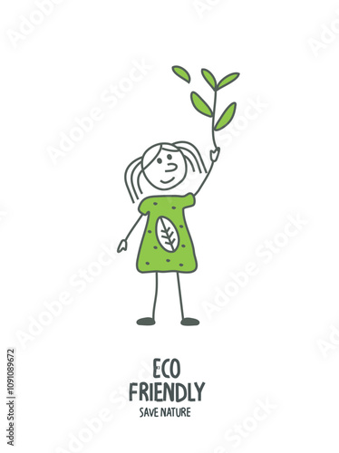 Vector hand drawn cartoon sketch of girl holding up green energy sign.Protect nature concept