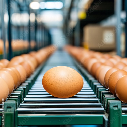 Poultry safety concept.A single egg on a conveyor belt in an industrial setting surrounded by rows of eggs, showcasing egg processing in action. photo