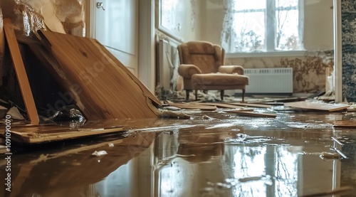 A photograph of an interior living room with water damage and falling floorboards. photo