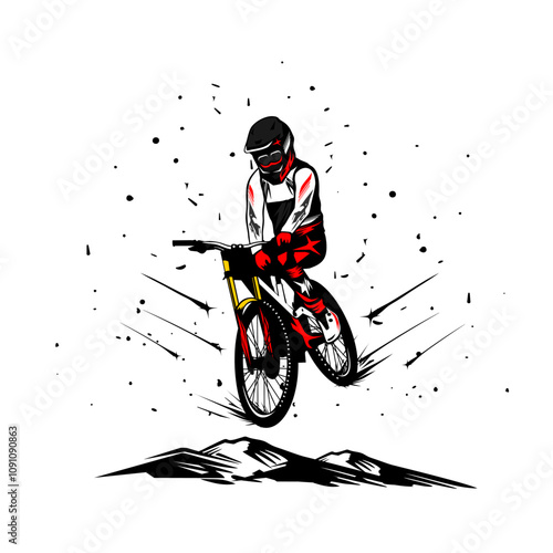 downhill bike racer jumps into the air vector illustration